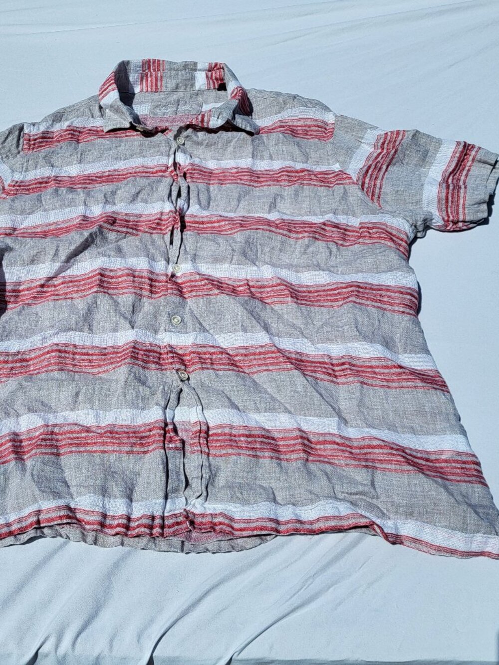 Tasso Elba Shirt Men's XXL Gray Red Striped Linen Short Sleeve Button Down